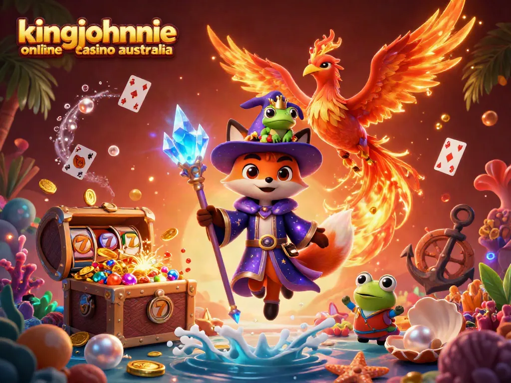 Engage with kingjohnnie online casino australia's vibrant gaming world, featuring a mystical fox and phoenix in a detailed 3D scene.