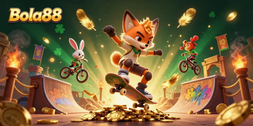 Bola88 features a vibrant scene with a skateboarder fox performing a kickflip over poker chips, emphasizing the thrill of online betting.