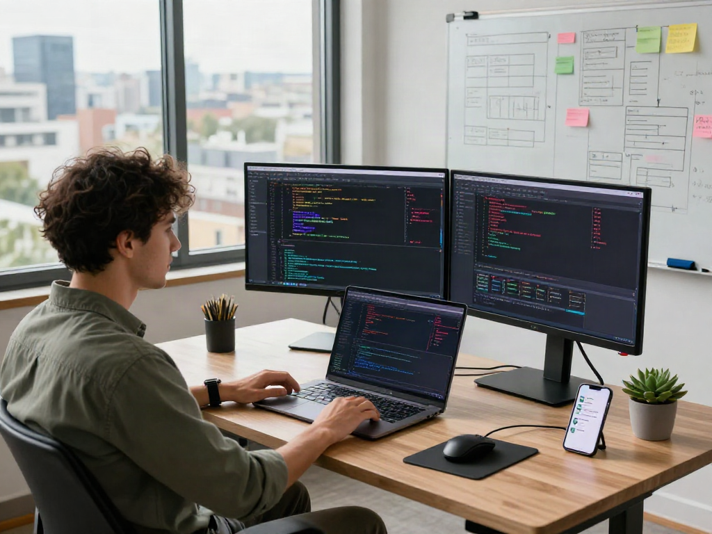 Developer workspace showcasing crushon software innovation, coding interface and team collaboration.