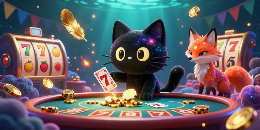 Experience situs slot excitement with a cosmic cat at a celestial casino table.
