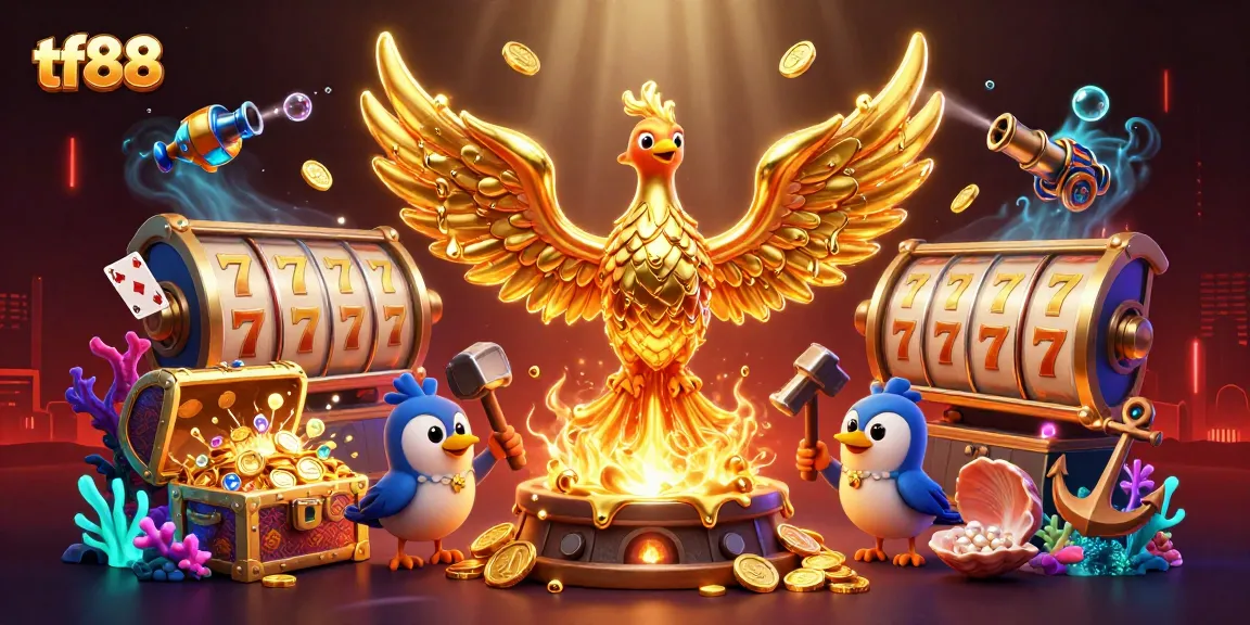 Win big with tf88's golden phoenix and spinning slots in a dynamic casino scene.