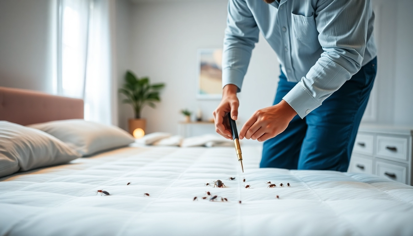 Engaging scene of bed bug removal in action with a pest control expert inspecting a bed.