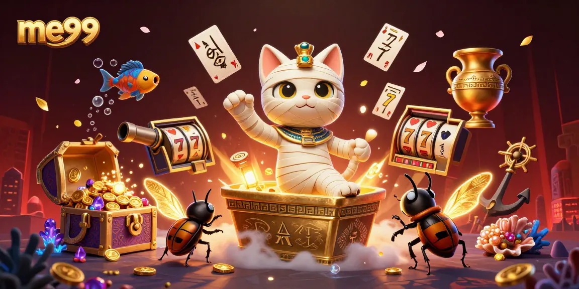 Experience vibrant gaming action at me99 with an Egyptian mummy cat and golden winnings.
