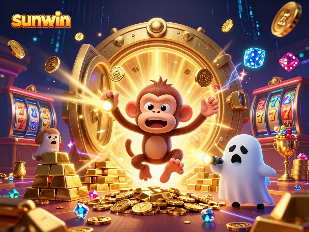 A 3D casino scene with the playful sunwin monkey juggling golden objects as a ghost-hunter puppy tracks it.