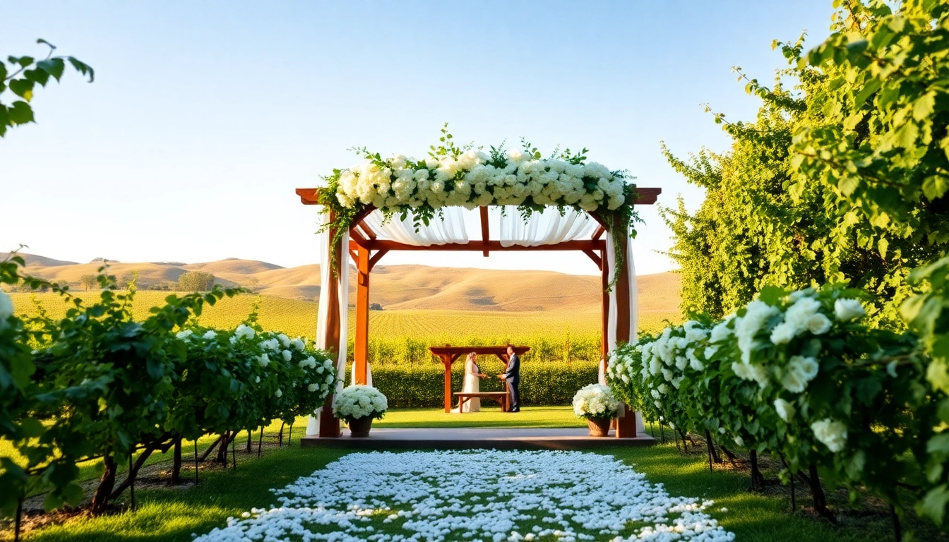 Elegant setup at a wedding venue Clarksburg California featuring floral decorations and vineyard backdrop.