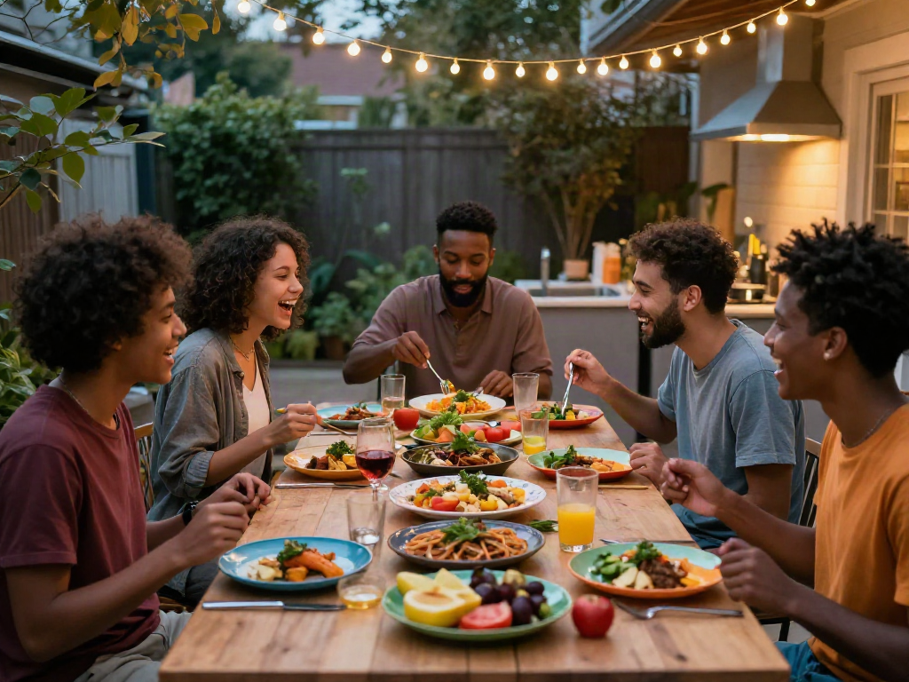 Friends joyfully trying these guys' recipes at a cozy dinner party.