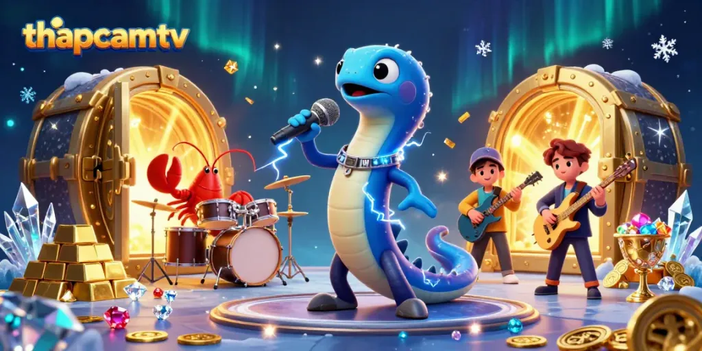 Join thapcamtv in an electrifying underwater casino scene with an electric eel DJ, lively musicians, and glimmering treasures.