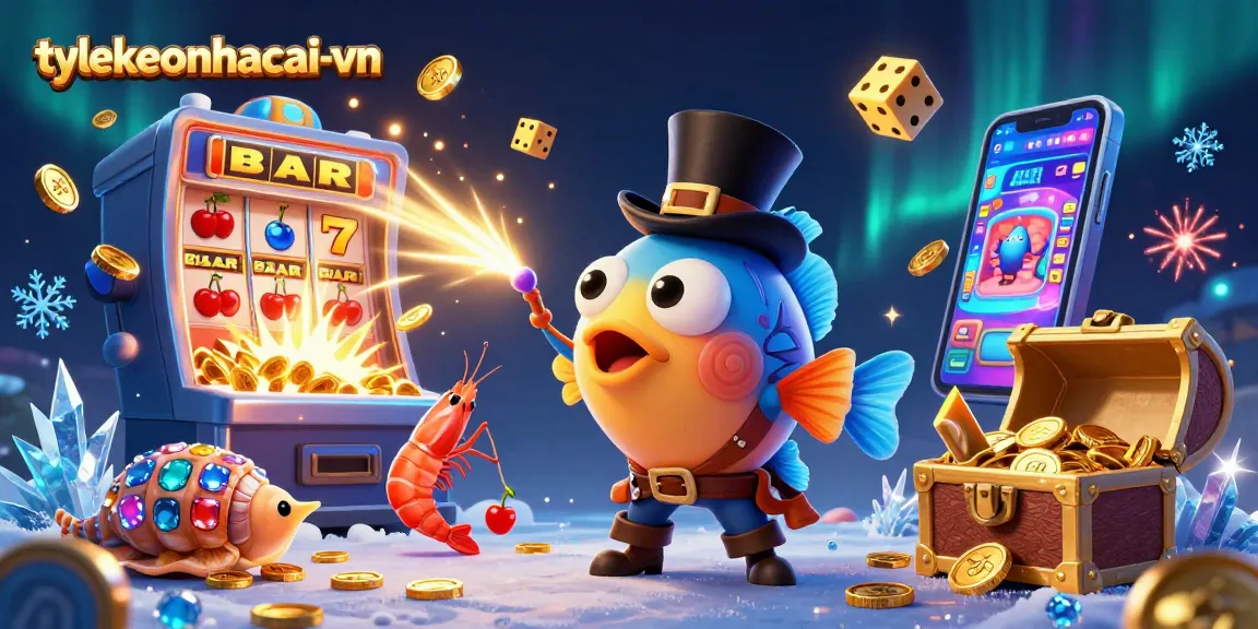 Experience the thrilling vibe of tylekeonhacai-vn with colorful slot machines, glowing coins, and exciting game elements.