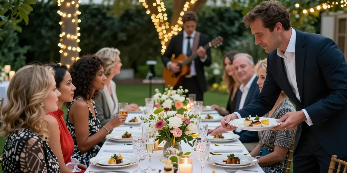 Luxury111 suasana pesta elegan dengan tamu berpakaian mewah menikmati hidangan gourmet di taman yang dihias cantik.