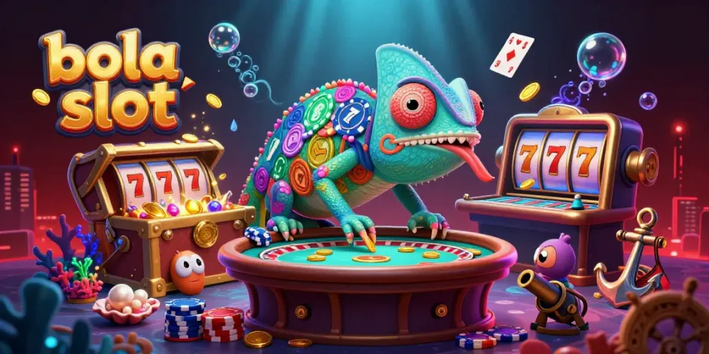 A vibrant illustration of bola slot with a colorful chameleon casino owner, slot reels, and underwater treasures.