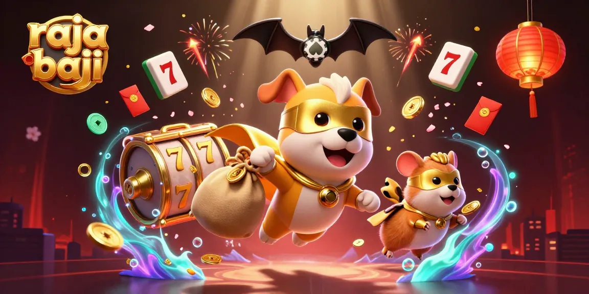 raja baji superhero dog soaring above vibrant slots and golden coins in an animated casino scene