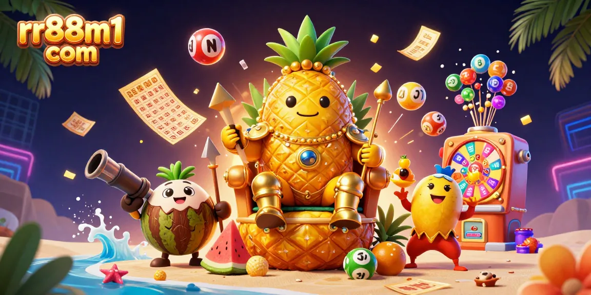 Experience the excitement of rr88m1 com with vibrant casino activities featuring a golden pineapple king.