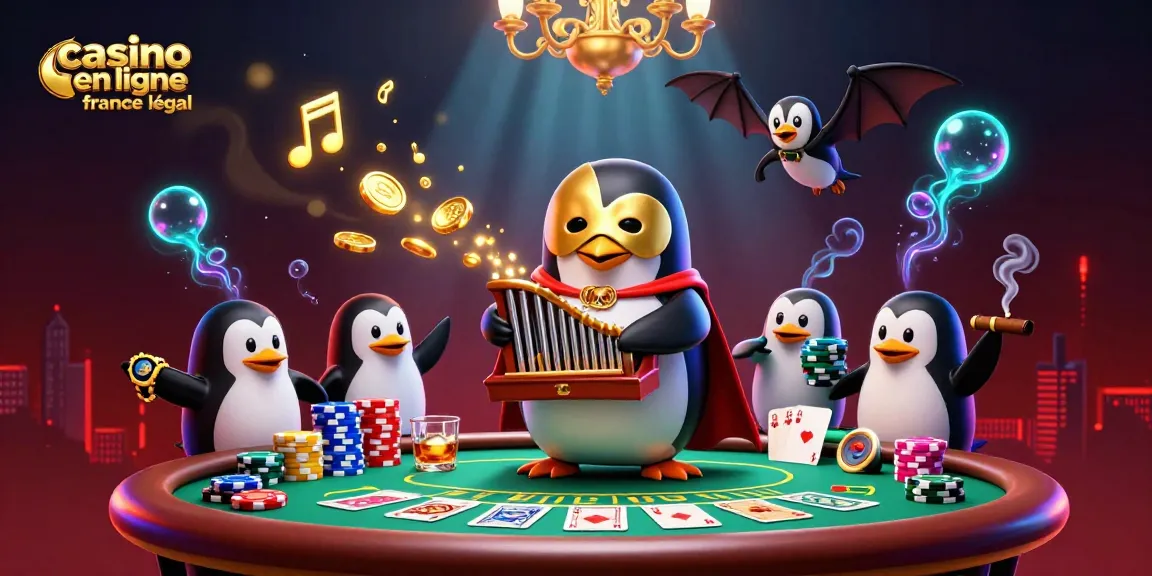 Illustration montrant un casino en ligne France légal avec un pingouin jouant de l'orgue et des pièces d'or qui volent.