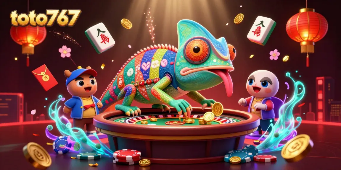 Toto767 menampilkan ilustrasi kasino 3D cerah dengan pemilik kadal besar sambil menangkap koin emas.