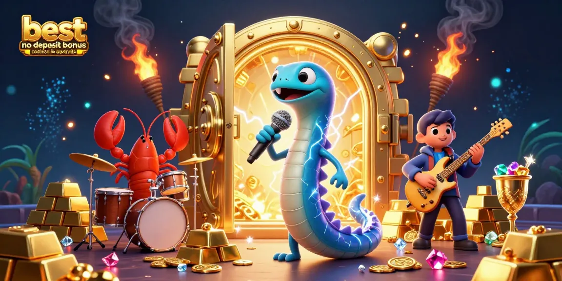 Experience the excitement at the best no deposit bonus casinos in Australia with vibrant casino-themed artwork showcasing an electric eel DJ.