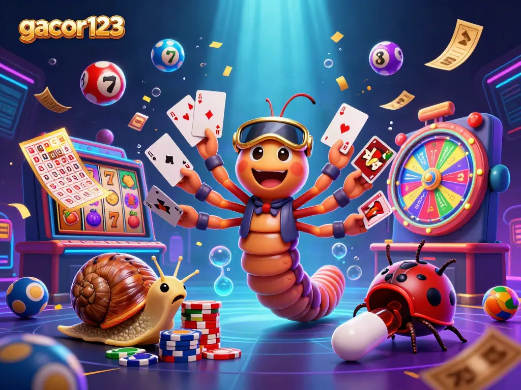 Engage with gacor123's thrilling slot game scene featuring a cartoon millipede dealer and exciting gameplay elements.