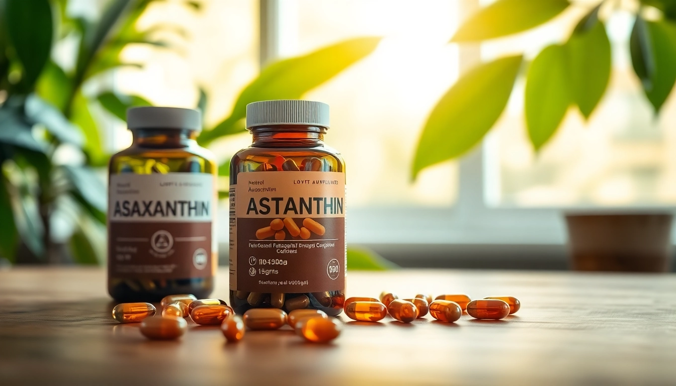 Highlighting best astaxanthin dosage with capsules on a wooden table amid lush greenery.
