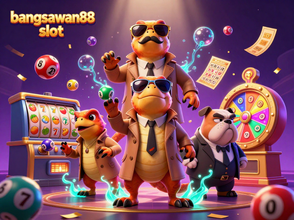 Experience bangsawan88 slot excitement with raptors sneaking into a casino, surrounded by vibrant game elements.