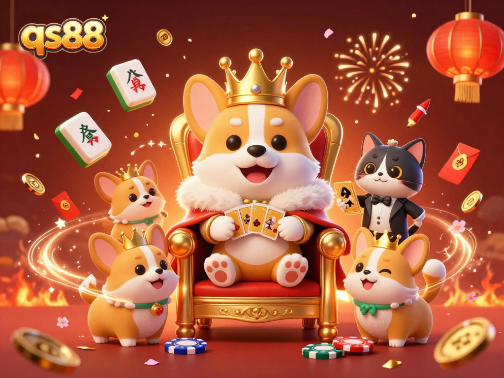 Win big at qs88 with this vibrant illustration featuring royal corgis in a casino setting.