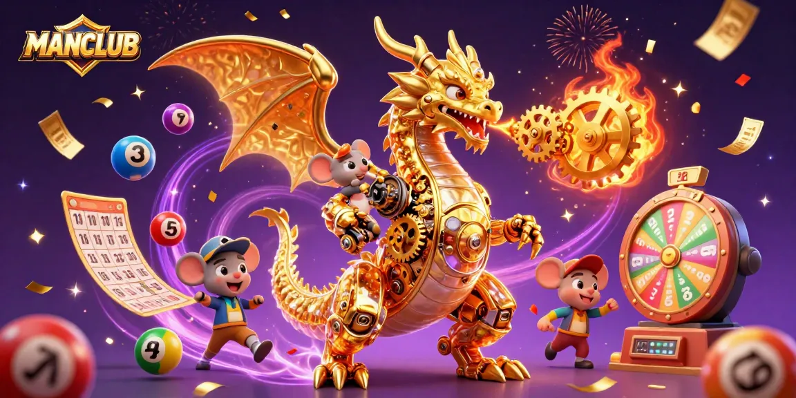 Experience thrilling gaming action at MANCLUB with vibrant lottery balls and an enchanting dragon!