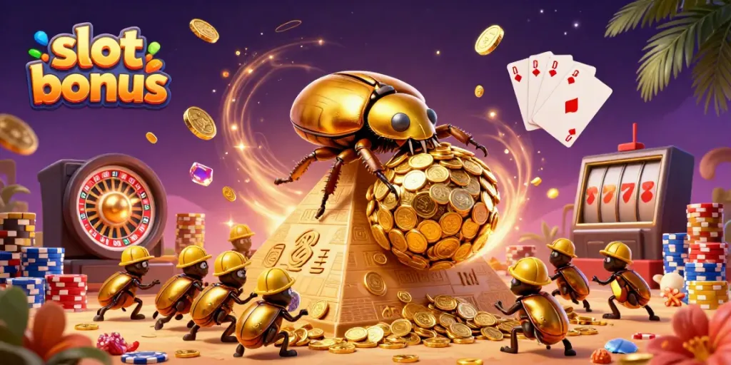 Experience exciting slot bonuses with golden beetles and casino symbols in this vibrant casino scene.