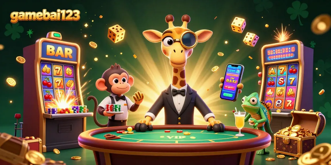 Gamebai123 showcases excitement with a high-roller giraffe and dynamic casino elements for players.
