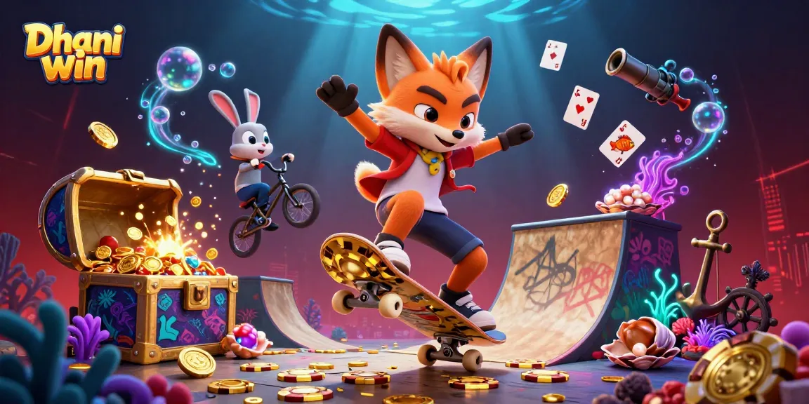 Dhani win game illustration with 3D fox and rabbit amid casino-themed graphics and treasures