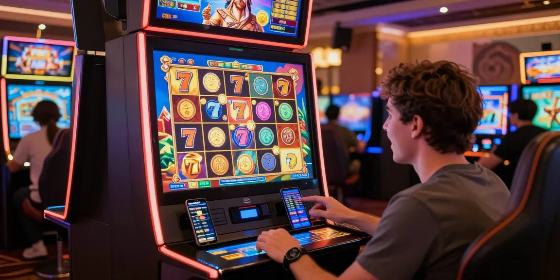 Excited player engaging with 777 slot game graphics in a vibrant online casino.