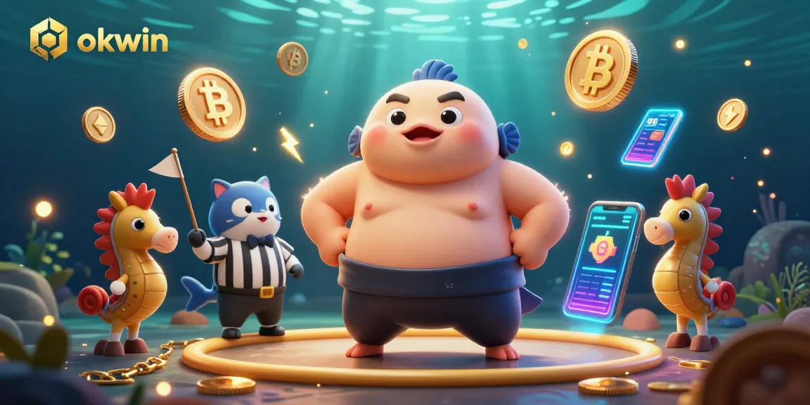 Join the fun at OKWIN with a vibrant underwater casino scene featuring a sumo fugu and crypto flair!