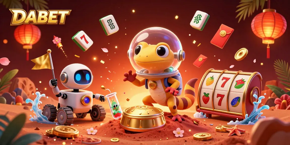 DABET captivates as a Martian gecko discovers a lavish casino, surrounded by slot reels and cheering aliens.