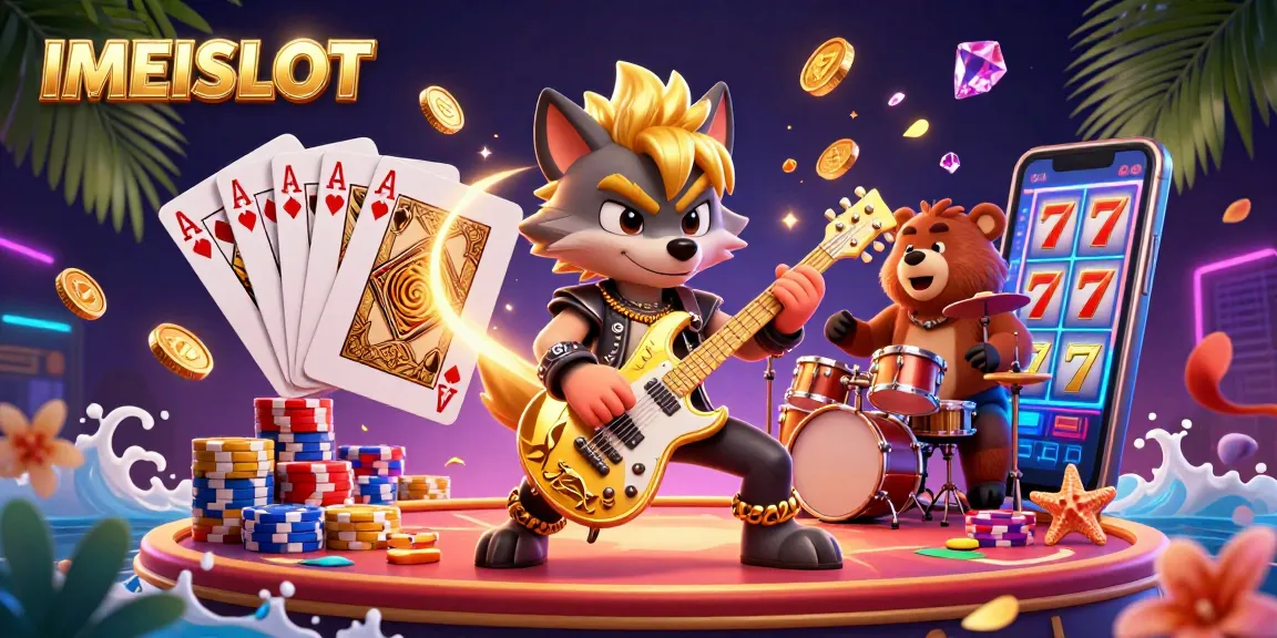 Experience IMEISLOT with a lively illustration of a wolf rock star and drummer bear on a dynamic casino stage.