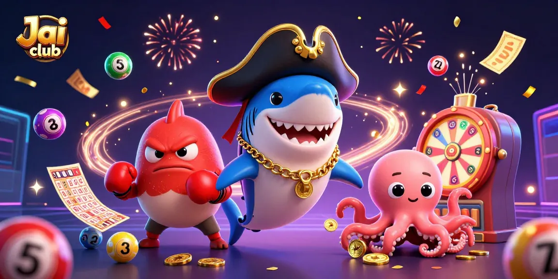 Play exciting lottery games and win big with Jai club, featuring colorful prizes and fun characters.