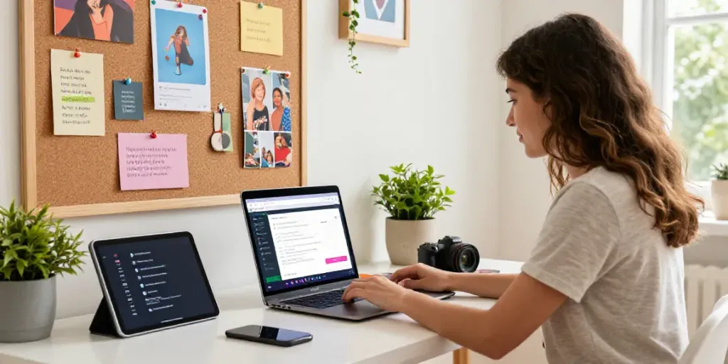Content creator using an online AI social media image generator in a vibrant home office.