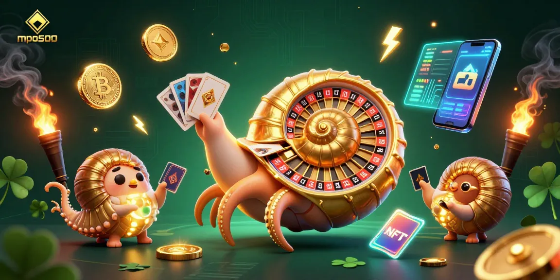 Engage with mpo500's dynamic casino experience showcasing 3D illustrations of gaming elements.