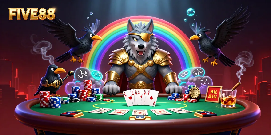 Engage with FIVE88's poker scene featuring Odin, ravens, and casino chips in vibrant 3D.