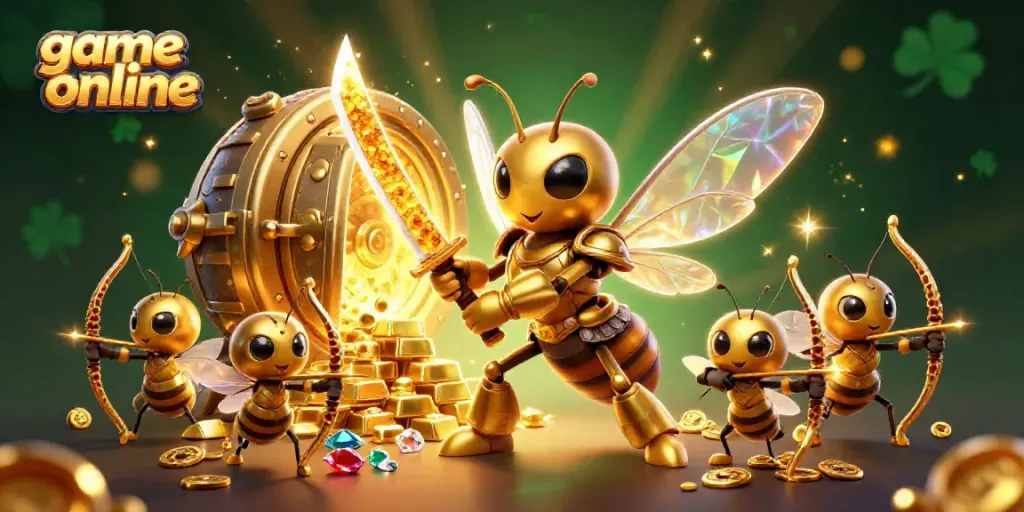 Experience thrilling game online excitement with a dynamic 3D cartoon scene of a hornet samurai and bee archers.