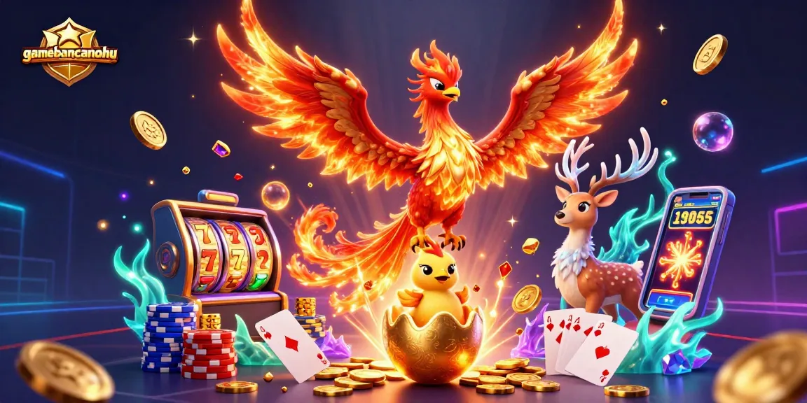 Engage with gamebancanohu's vibrant casino illustration showcasing a phoenix and exhilarating gaming action.