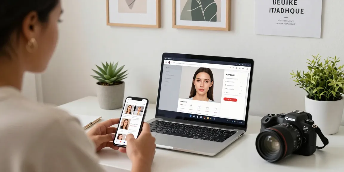 Person using an online attractiveness test on a laptop in a stylish workspace, showcasing self-assessment and beauty.