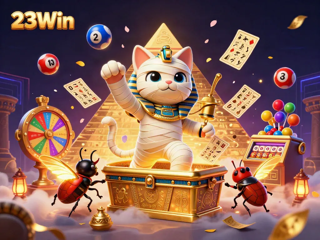 Engage with 23Win's vibrant gambling activities featuring an exciting pyramid casino illustration.