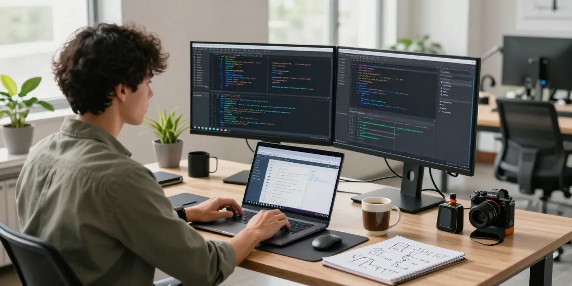 Build internal tools with AI in a modern workspace featuring a developer coding with dual monitors and creative tools.