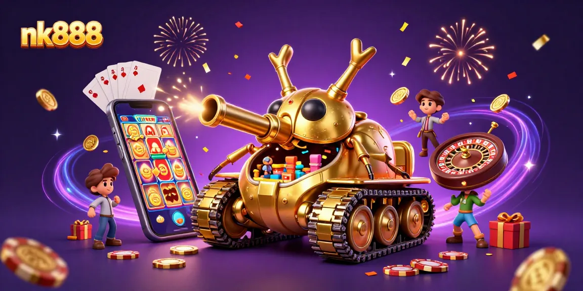 Spin the reels of nk888's vibrant slots with gold coins and festive confetti in a dynamic digital celebration.