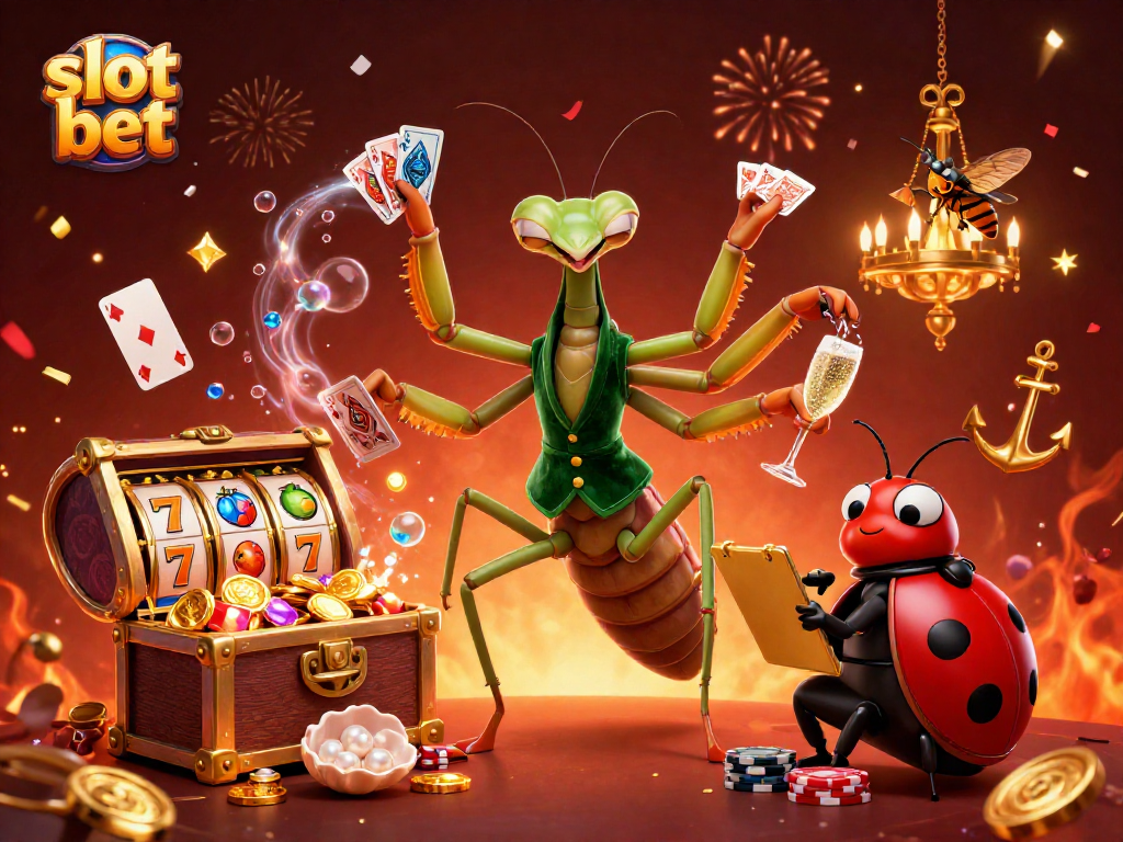 Slot bet menarik perhatian dengan ilustrasi kasino yang penuh warna dan aksi.