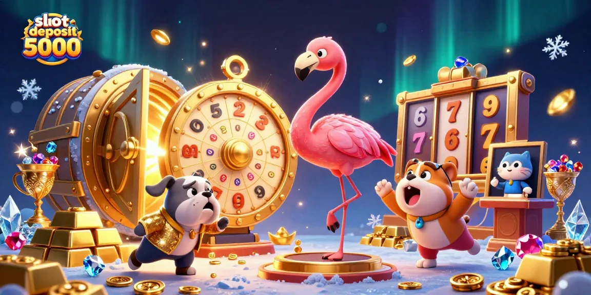 Slot deposit 5000 dengan karakter 3D meriah dalam ilustrasi kasino, memancarkan energi kemenangan.