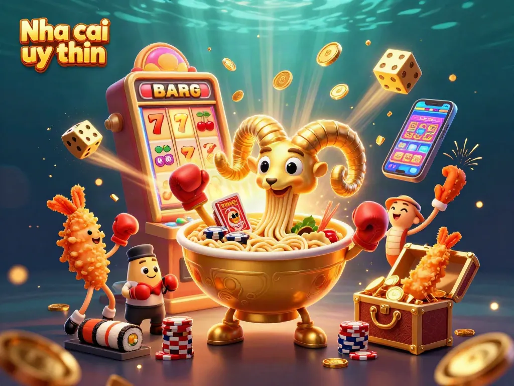 Nha cai uy tin showcases a vibrant, fun-filled casino scene with animated characters and exciting game elements.