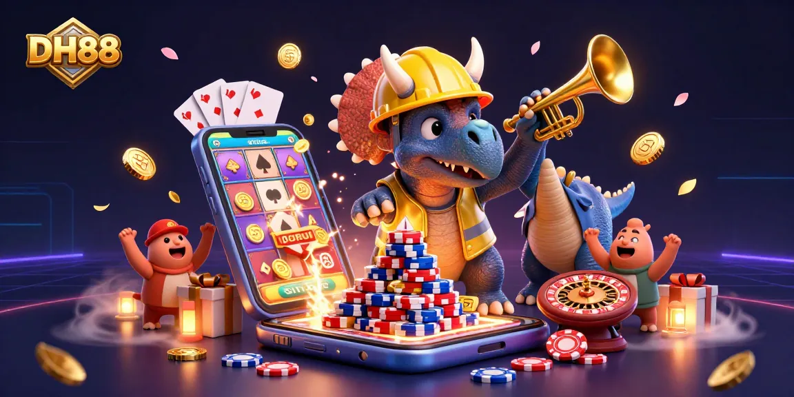Experience the thrill of gaming with DH88 as colorful slot games and poker chips surround cheerful characters.