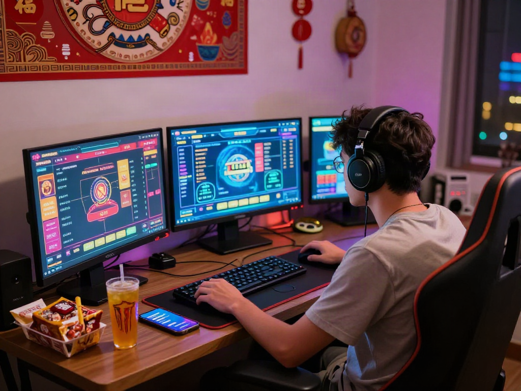 Engaging scene depicting a player immersed in a togel online gaming session in a modern home setting