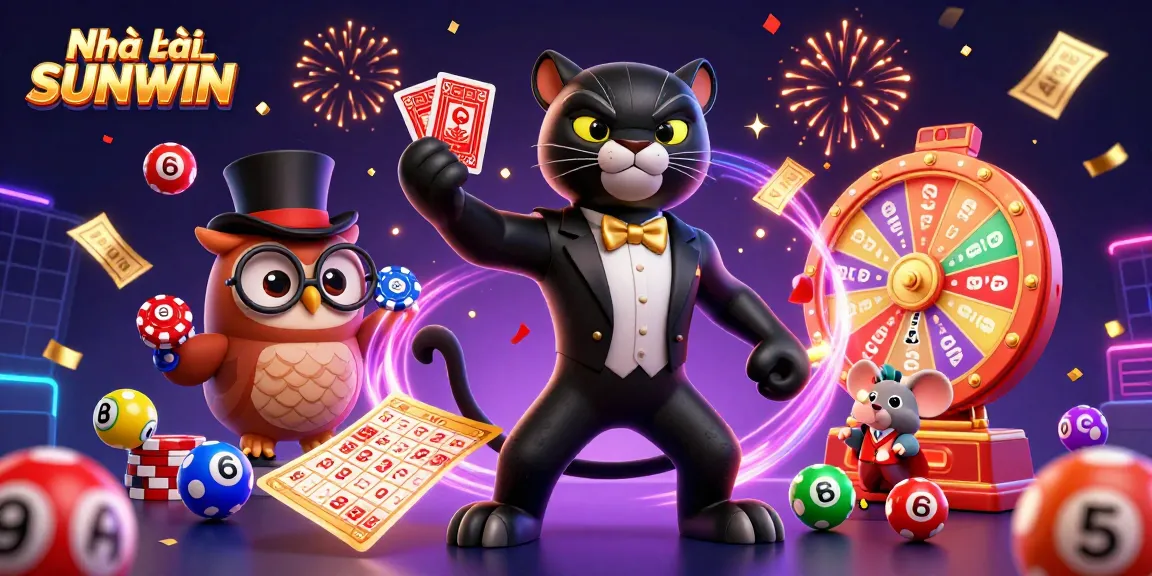 Engage with Nhà cái SUNWIN in this vibrant casino illustration featuring a stylish panther and a lucky mouse.