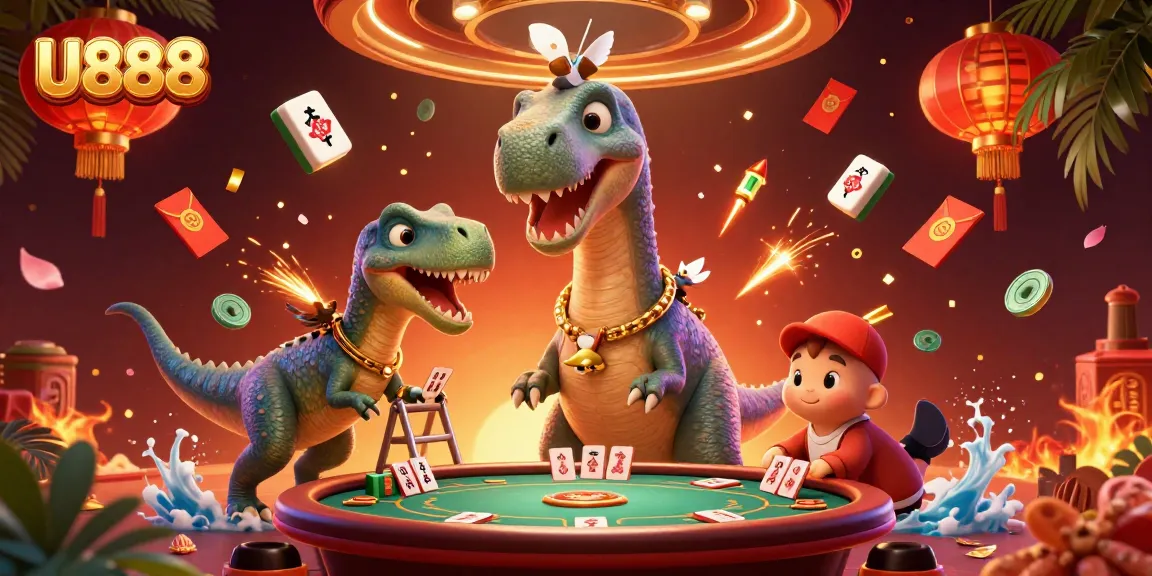 U888 casino scene showcases a giant brontosaurus with a clever raptor dealer surrounded by vibrant gaming elements.