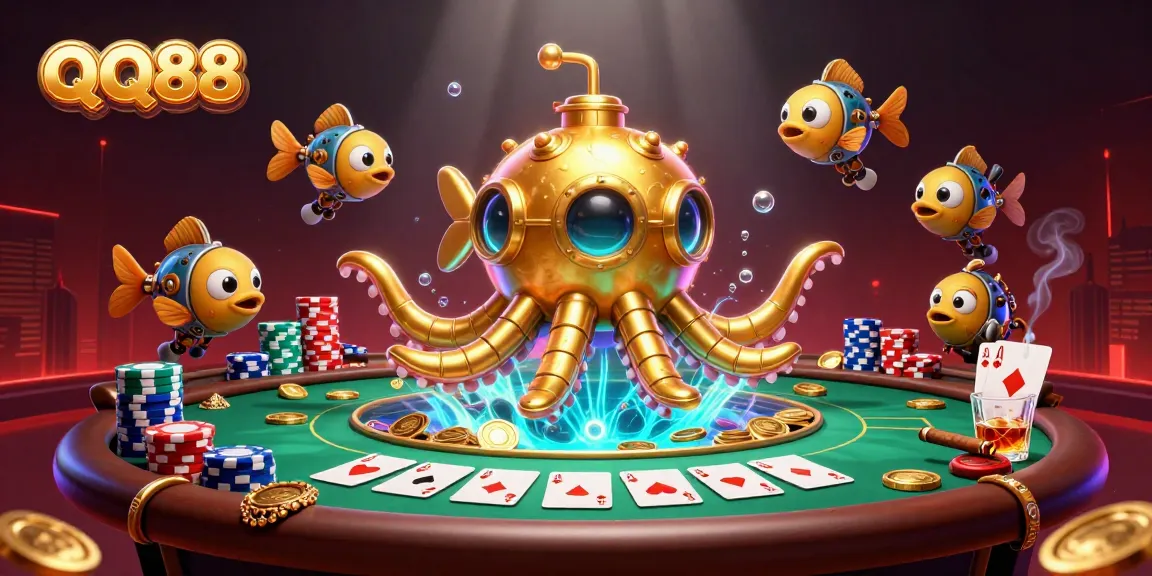 Engage in thrilling gameplay at QQ88 with vibrant cards, chips, and gold coins.