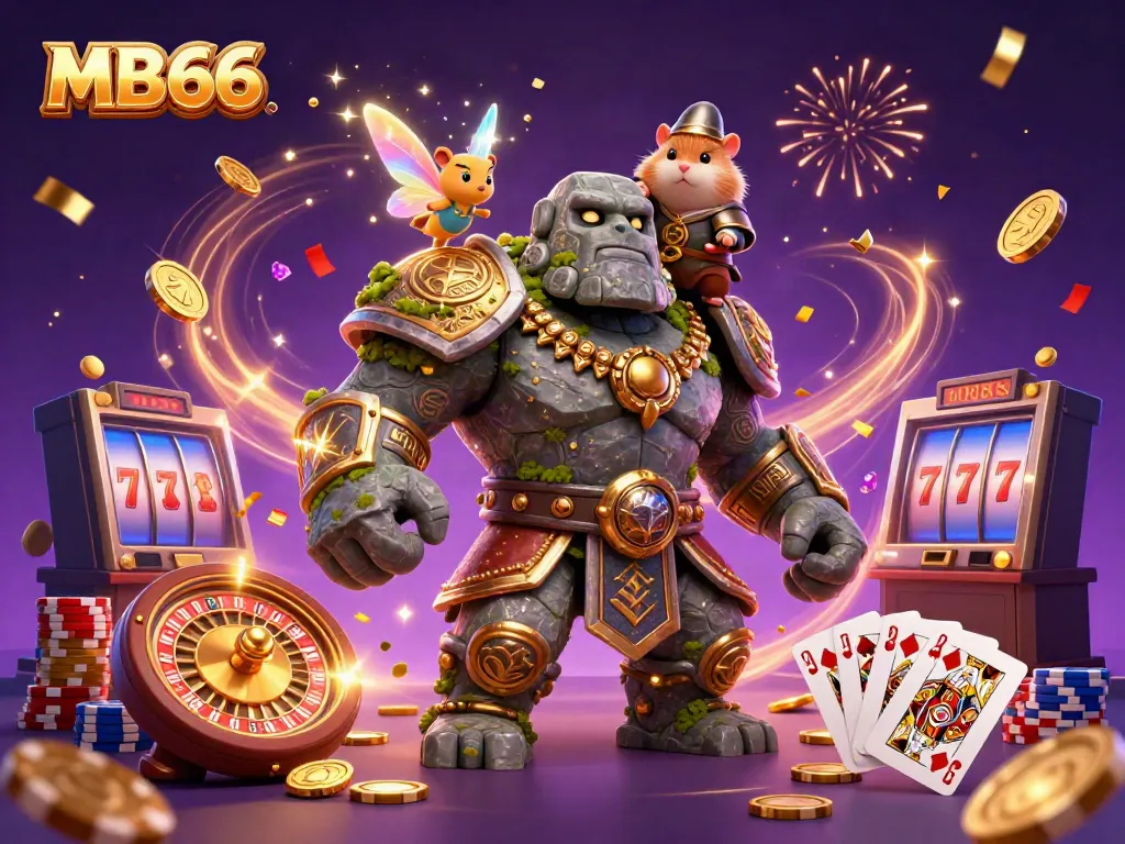 Experience the magic of MB66 with a lively casino scene featuring dynamic characters and sparkling winnings.